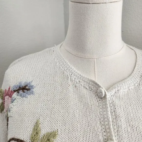 Vintage Bottega Verde Floral Embroidered Knit Cardigan Natural Fiber L - Picture 8 of 15